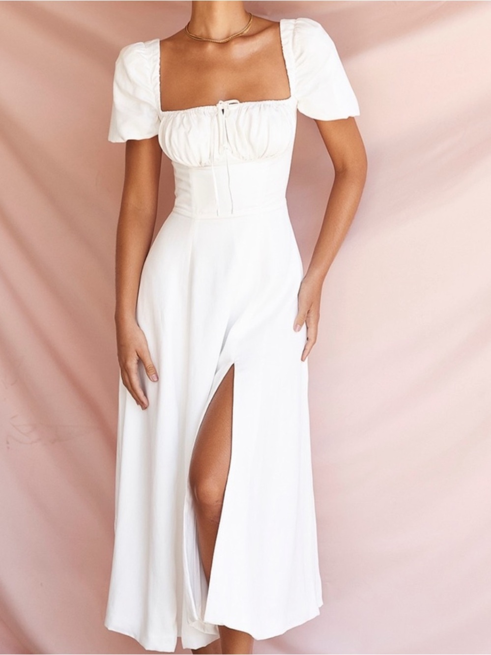 House of CB White Square-Neck Puff Sleeve Midi with High Slit